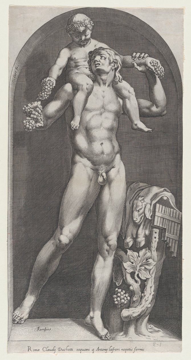 Mirror of Roman Magnificence: Bacchus on the Shoulders of a Satyr, 1500-tallet., 1500-tallet. af Cornelis Cort