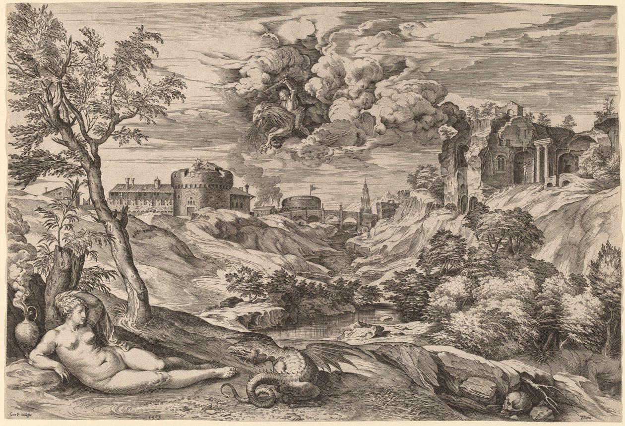 Landskab med Roger Liberating Angelica af Cornelis Cort after Titian