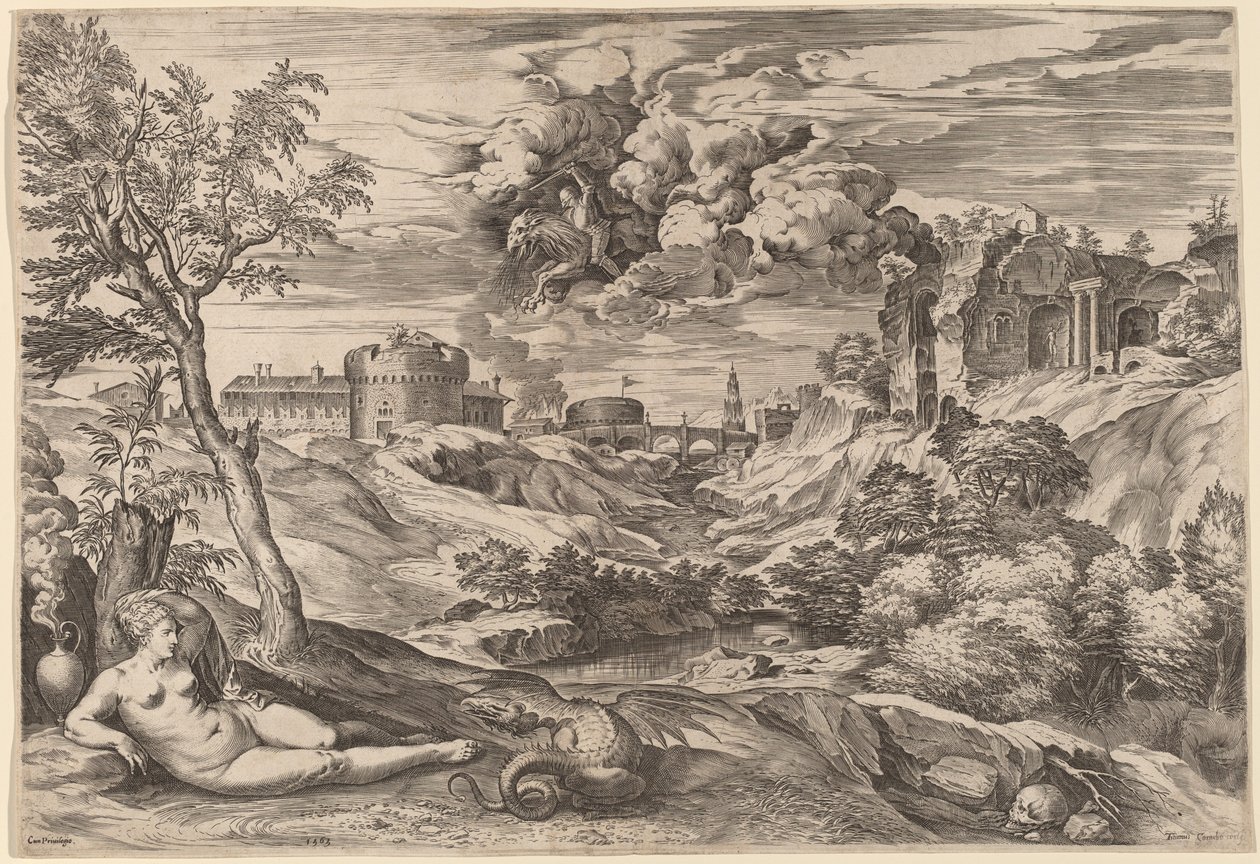 Landskab med Roger Liberating Angelica af Cornelis Cort after Titian