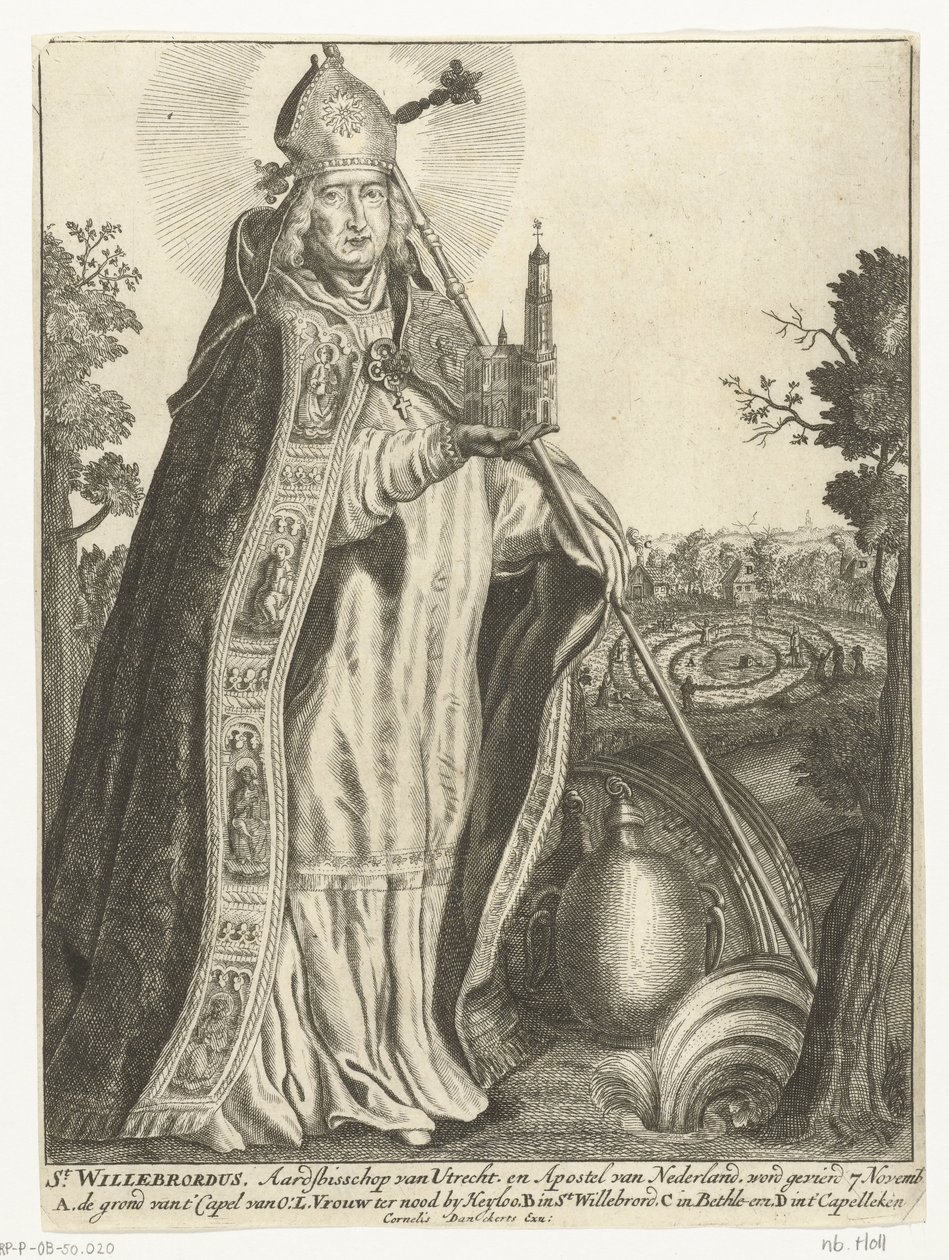 Sankt Willibrord som ærkebiskop med kirkemodel af Dom i Utrecht St. Willebrord (titel på objekt) af Cornelis Danckerts (I)