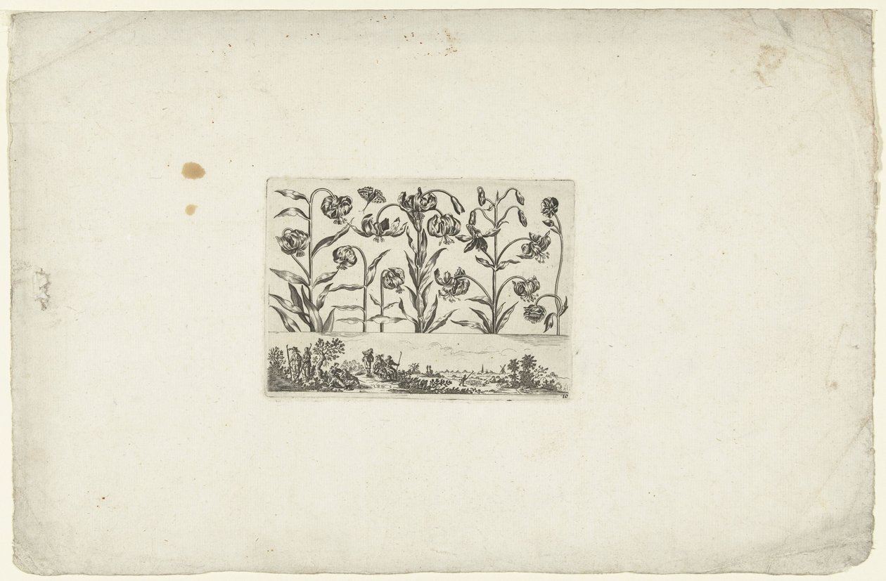 Række af blomster over landskab Blomster og landskaber (serietitel) af Cornelis Danckerts (I)