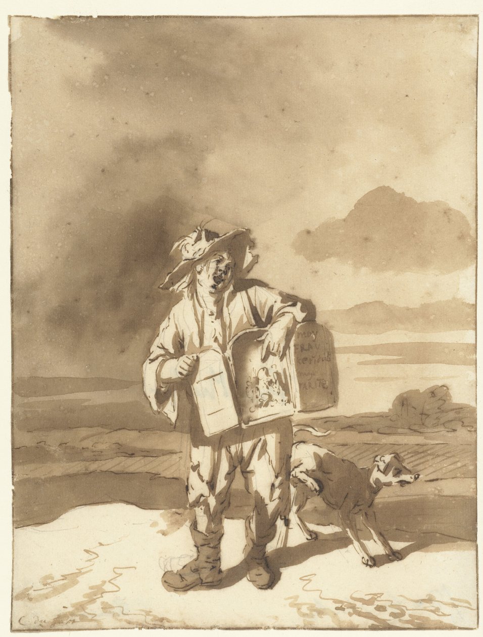 En ung mand med et kigshow og en hund Dreng med udsigtsboks og hund, ca. 1700 af Cornelis Dusart