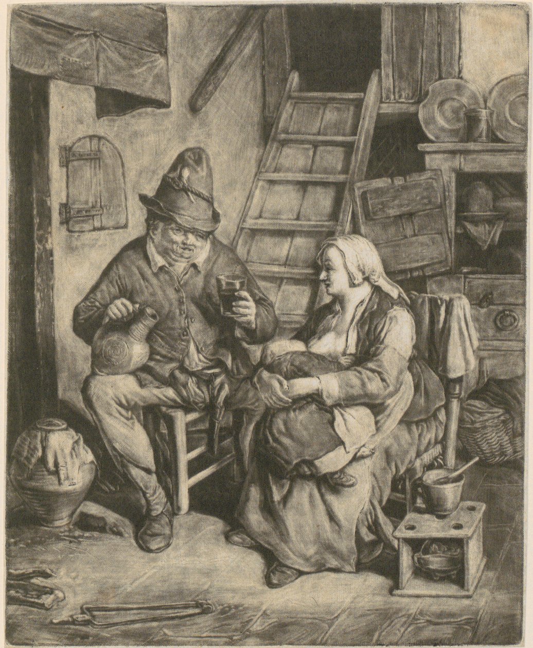 En bonde i et landsted, ved siden af ham en ammende kvinde af Cornelis Dusart