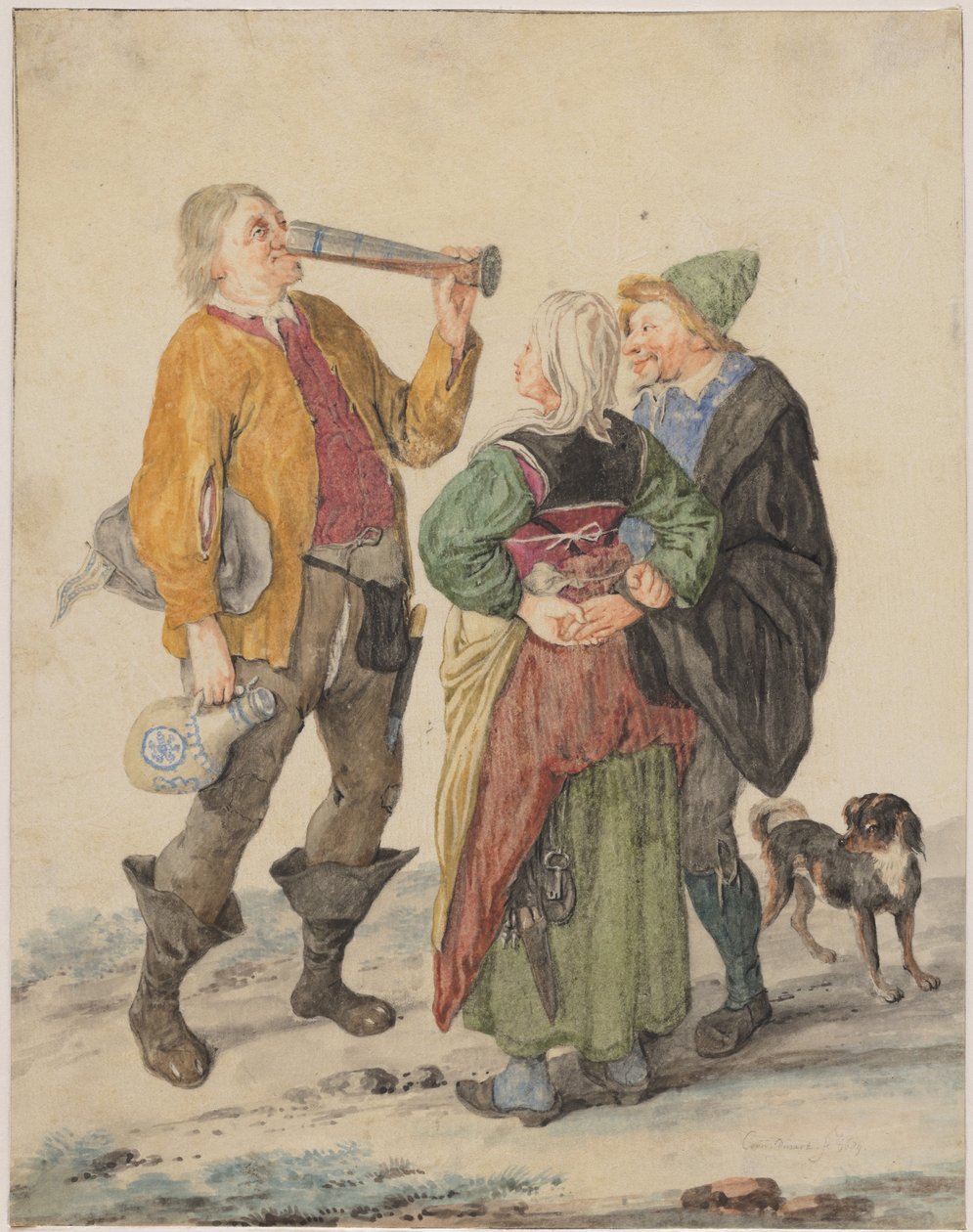 Drikkende mand observeret af et par og en hund af Cornelis Dusart