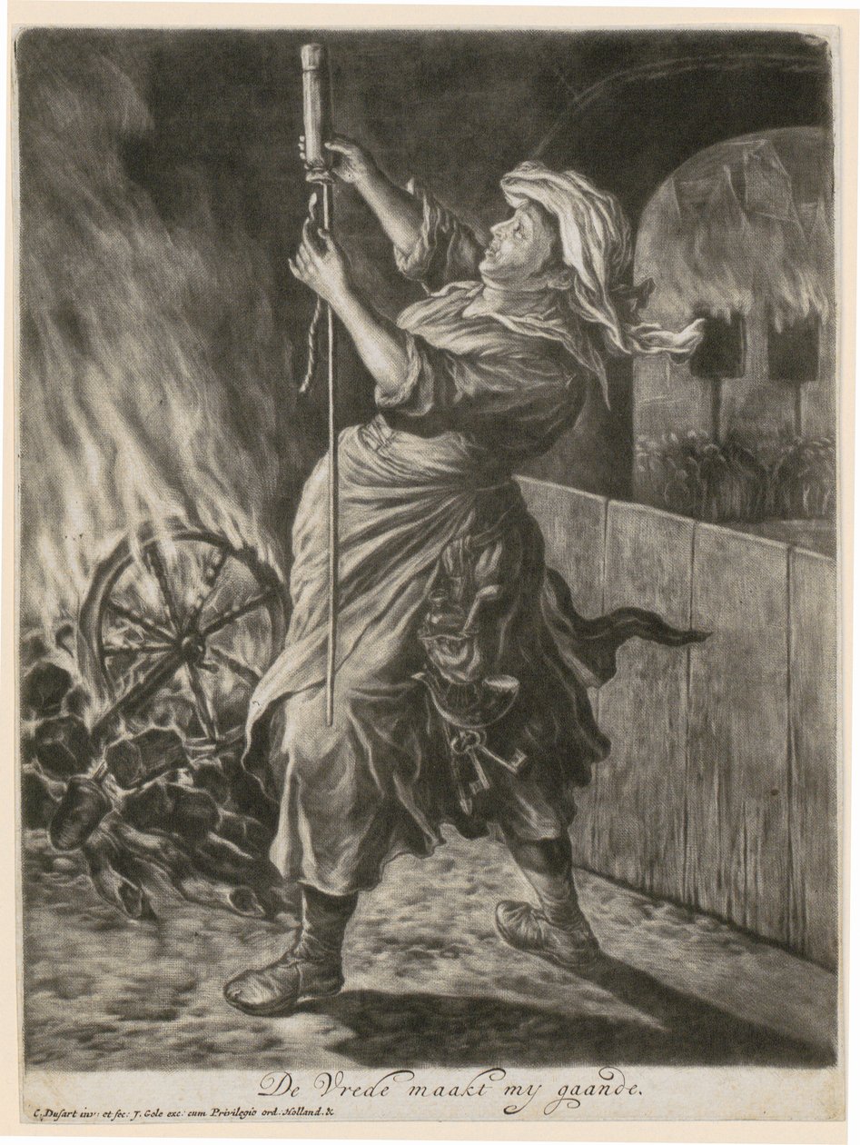 En kvinde tænder en signalraket, blad 5 fra serien «Almindelig glæde over belejringen af Namur ved Vilhelm III, 1695» af Cornelis Dusart