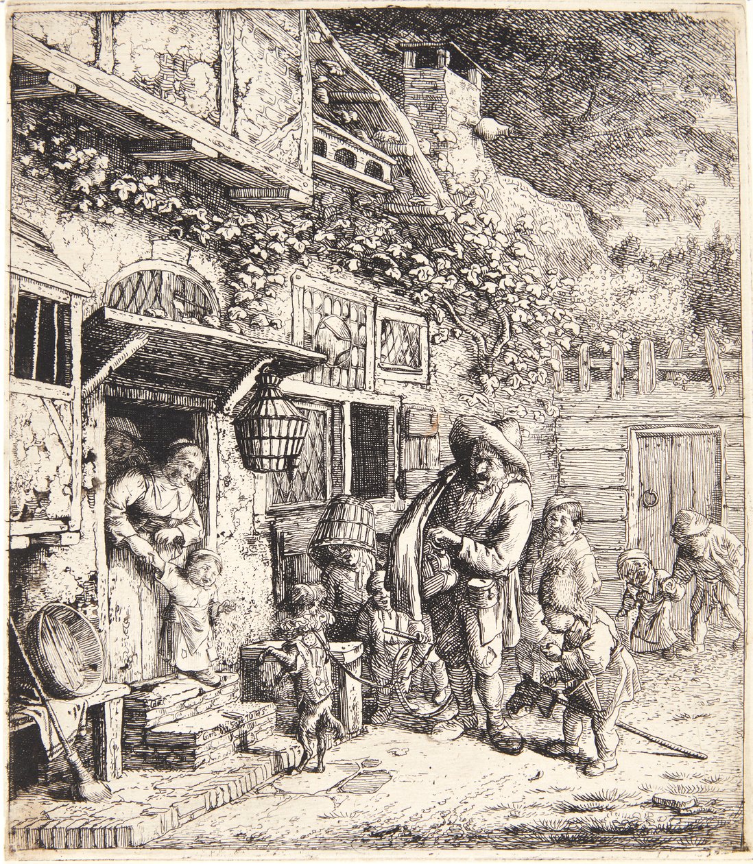 Lirekassemand med en dansende hund af Cornelis Dusart