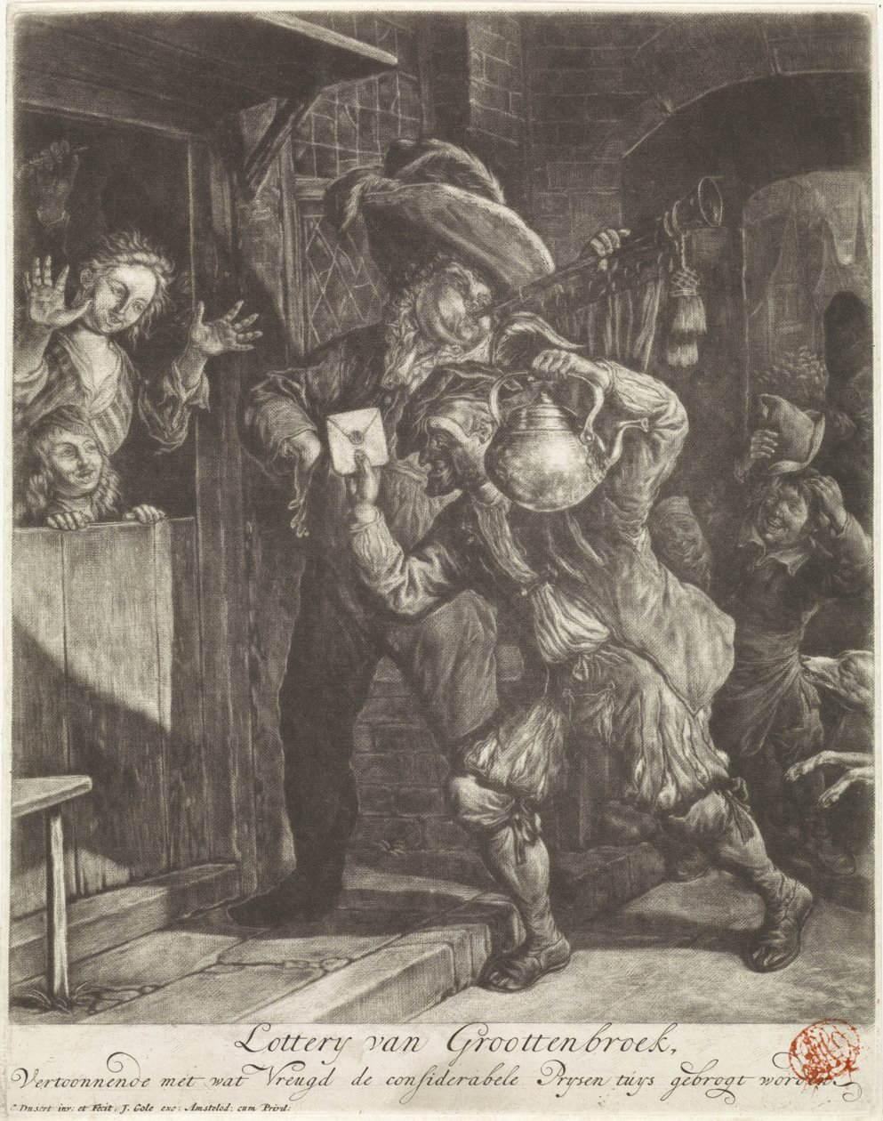 Lotteriet af Grootebroek, 1694 Lottery van Groottenbroek, Udstiller med hvilken glæde den hensynsfulde Prysen tuys be brogt (titel på objekt) af Cornelis Dusart