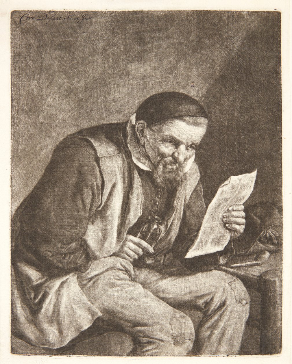 Siddende bonde, der læser et brev af Cornelis Dusart