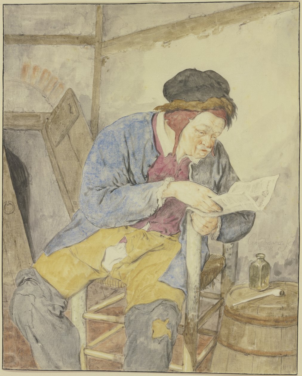 Avislæser ved en tønde af Cornelis Dusart