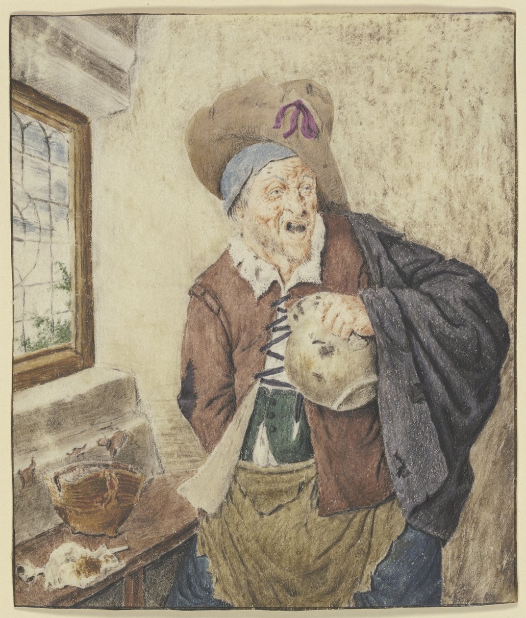 Forpjusket bonde ved et vindue med en krukke i hånden af Cornelis Dusart