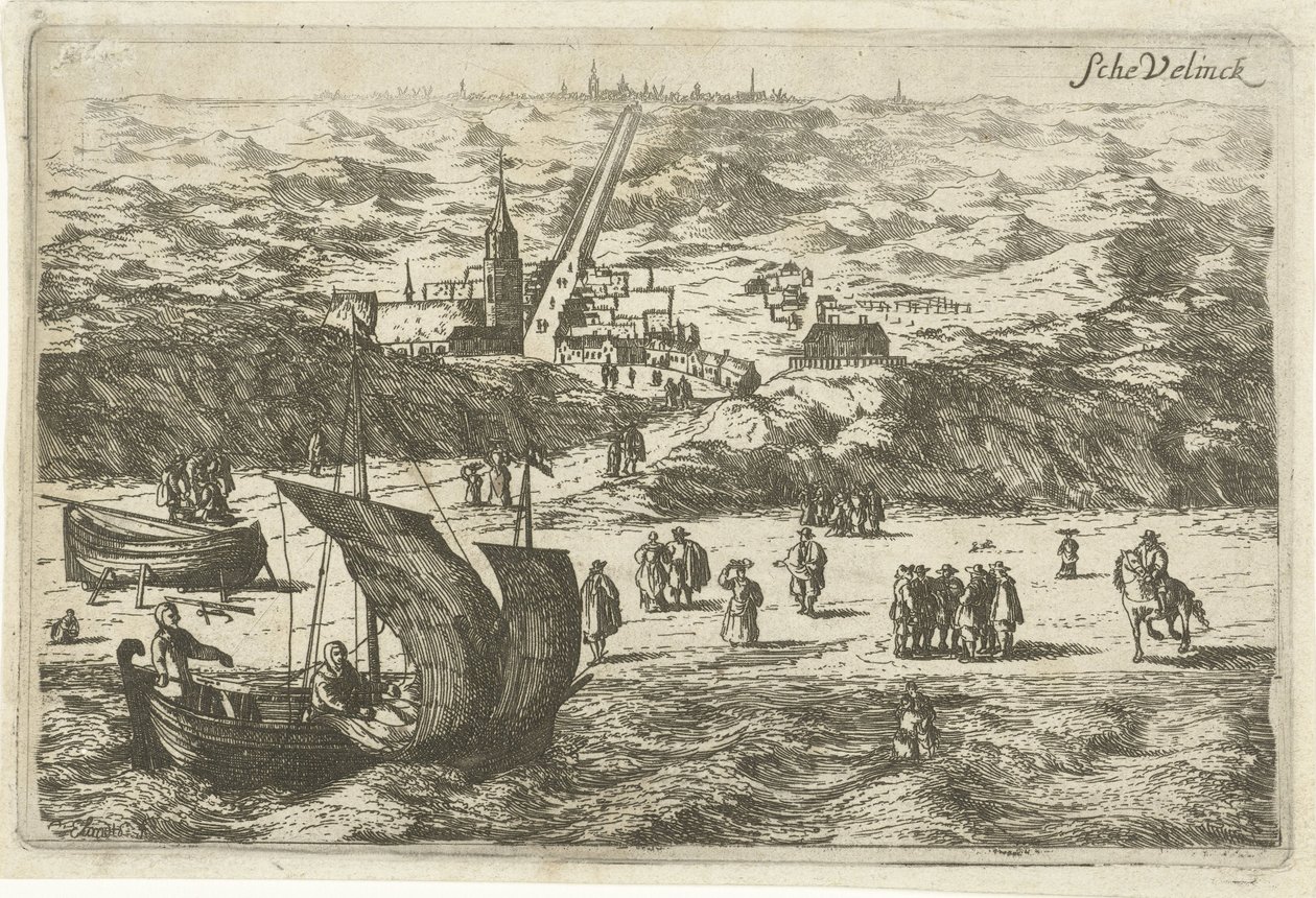 Udsigt over Scheveningen fra havet Schevelinck (titel på objekt) af Cornelis Elandts