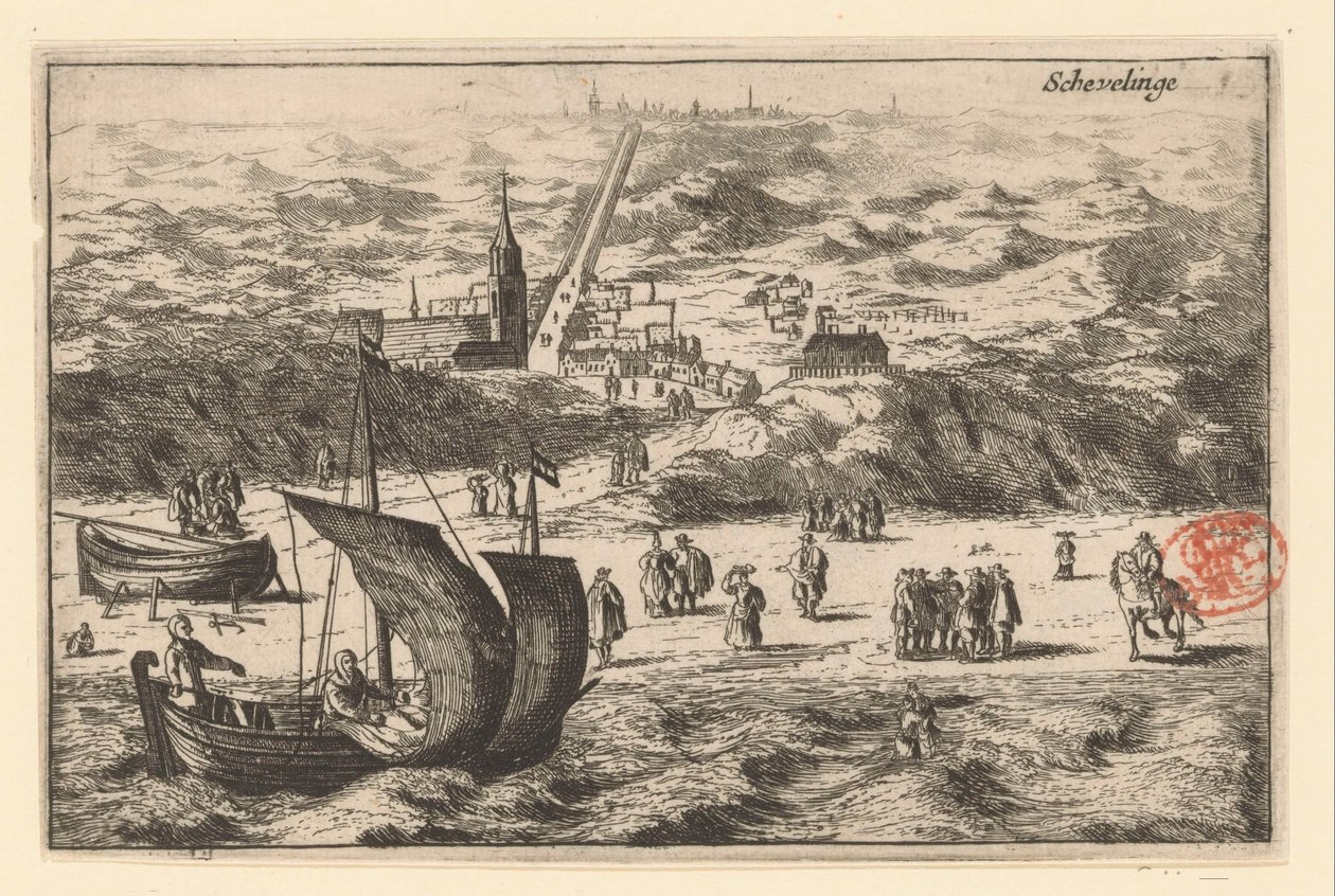 Udsigt over Scheveningen fra havet Schevelinge (titel på objekt) af Cornelis Elandts