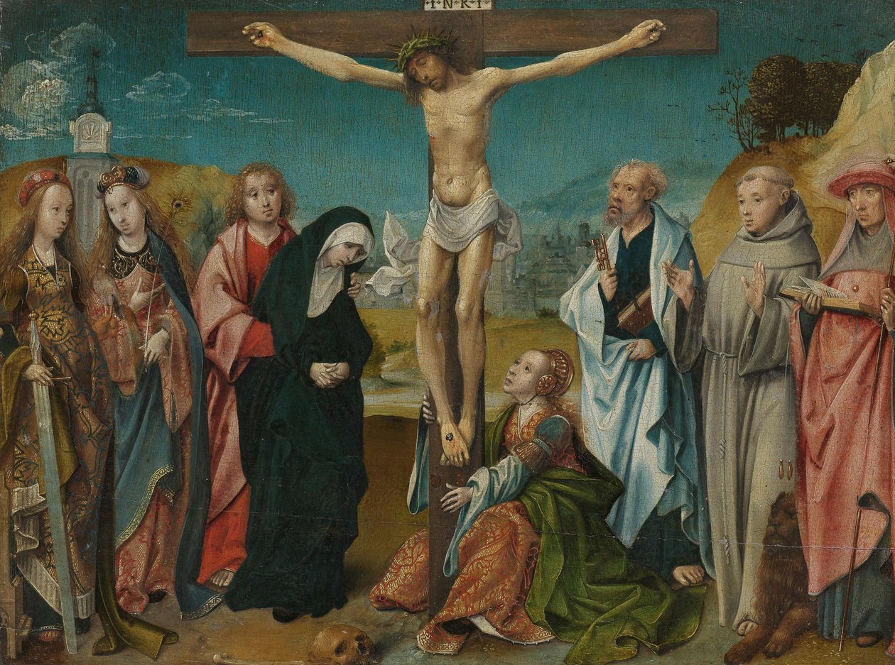 Kristus på korset med Maria, Johannes, Maria Magdalena og de hellige Cecilia og Barbara (til venstre) og Peter, Frans og Hieronymus (til højre) af Cornelis Engebrechtsz