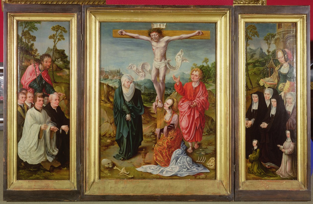 Triptykon om korsfæstelsen: St. Barbara med donorer (højre fløj); St. James the Greater med donorer (venstre fløj); Korsfæstelsen (i midten) af Cornelis Engebrechtsz