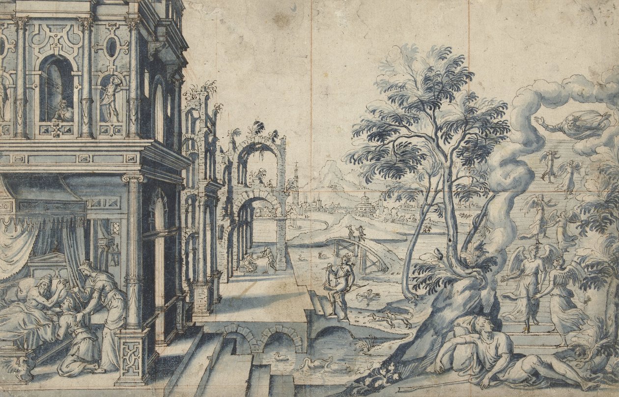 Jakob modtager Isaks velsignelse; Jakobs stige af Cornelis Floris (II)