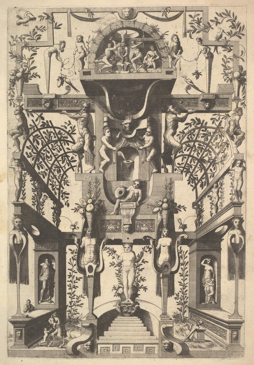 Fantastisk arkitekturstruktur med stropper og to pergolaer og en lille scene med Vu..., 1557. af Cornelis Floris Ii