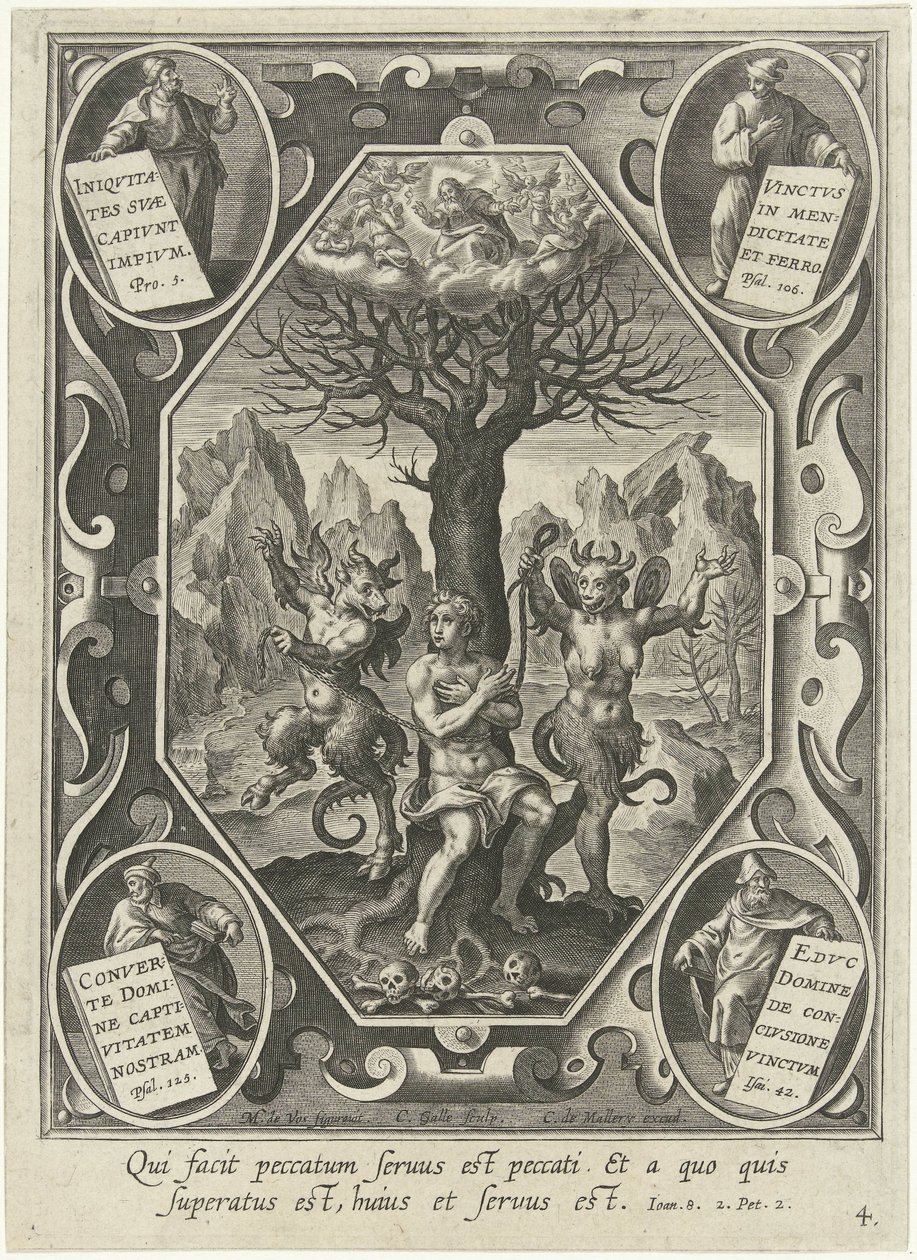 En ung mand er lænket til et træ af to djævle af Cornelis Galle (I)