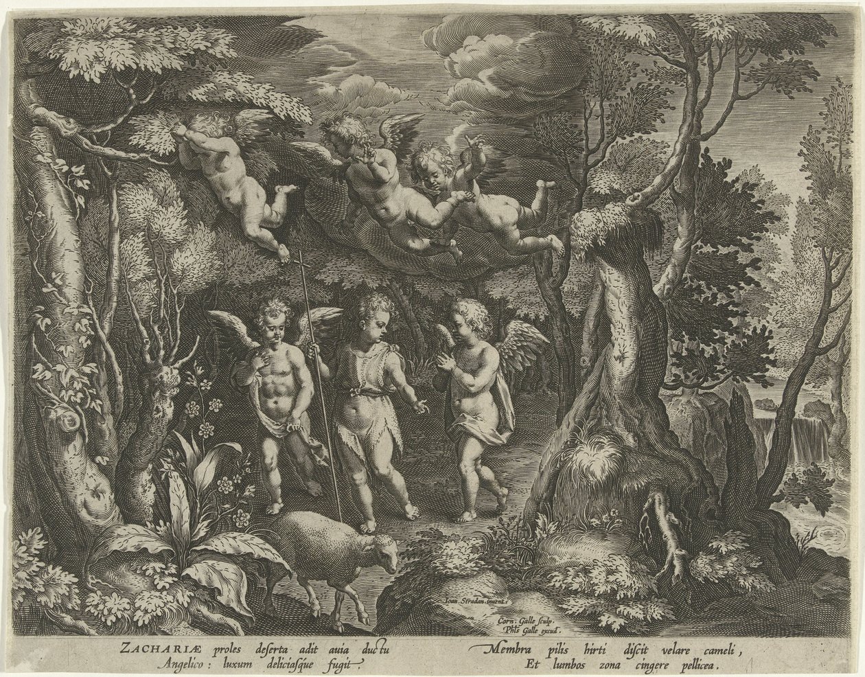 Johannes Døberen er ledsaget af engle, når han går ud i ørkenen Johannes Døberens liv (serietitel) af Cornelis Galle (I)