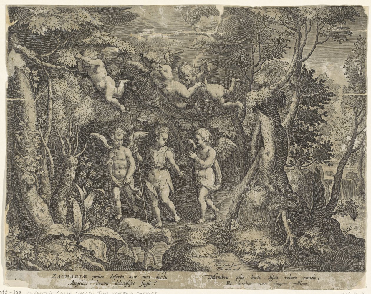 Johannes Døberen er ledsaget af engle, når han går ud i ørkenen Johannes Døberens liv (serietitel) af Cornelis Galle (I)