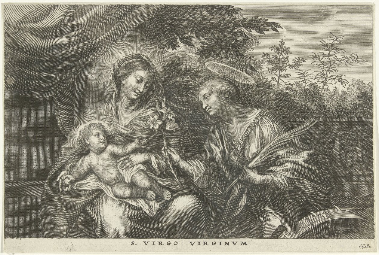 Maria med barnet og den hellige Katarina af Alexandria S. Virgo Virginvm (titel på objekt) af Cornelis Galle (I)