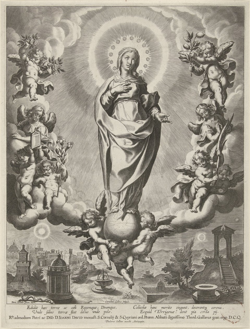 Maria på en globus, omgivet af engle af Cornelis Galle (I)