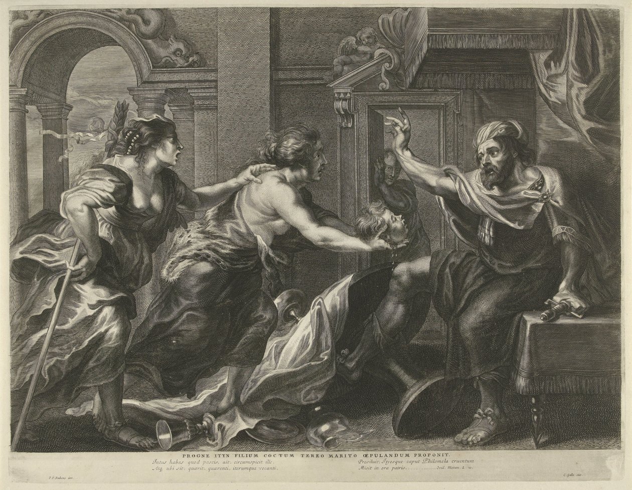 Prokne viser Tereus hovedet af sin søn Itys af Cornelis Galle (I)