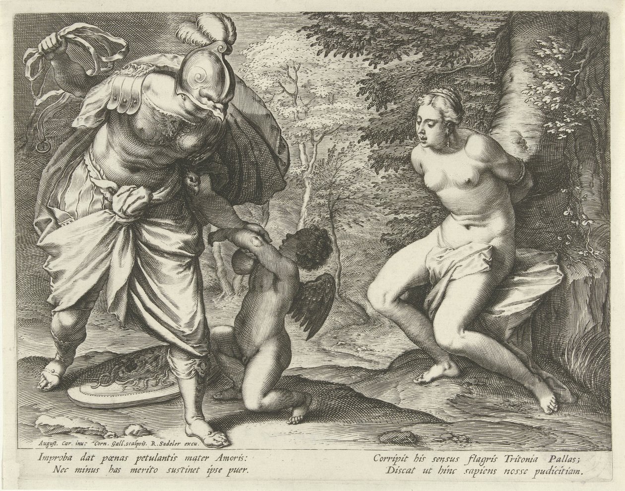 Venus bundet til et træ og Amor straffet af Minerva af Cornelis Galle (I)