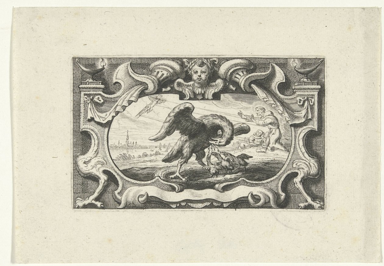 Vignette med pelikan, der fodrer sine unger med sit eget blod af Cornelis Galle (II) (attributed to)