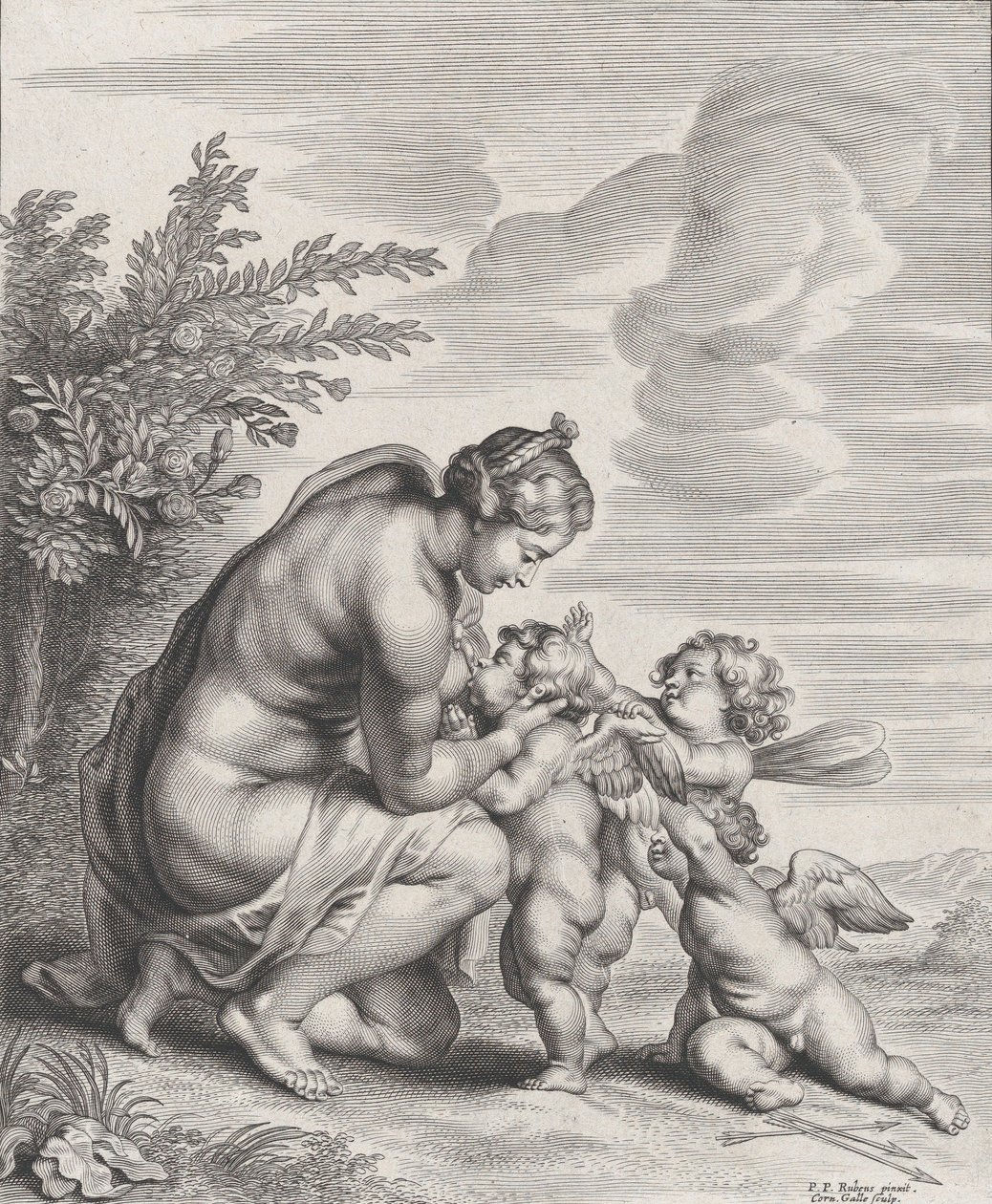 Venus ammer tre amoriner i et landskab, ca. 1627-78. af Cornelis Galle II