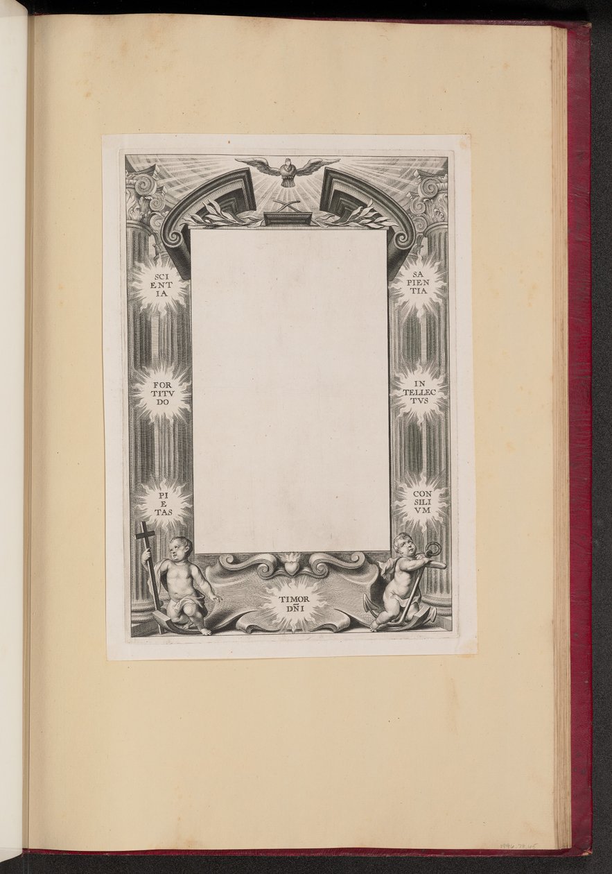 Border Illustration med to Putti "Viden, styrke, fromhed, frygt-DNI, visdom, intellektvs, konsilivm" af Cornelis Galle I