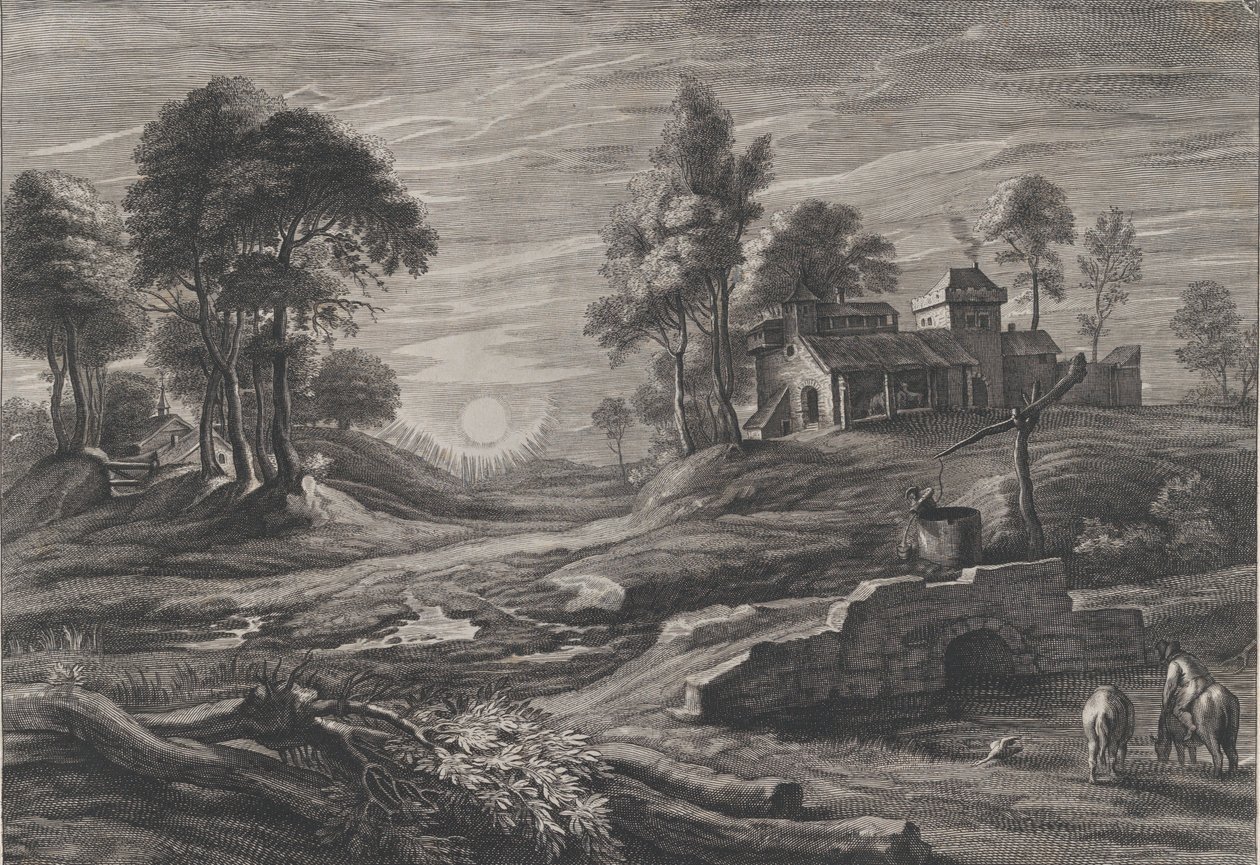 Landskab med trækbrønd, 1638-60. af Cornelis Galle I