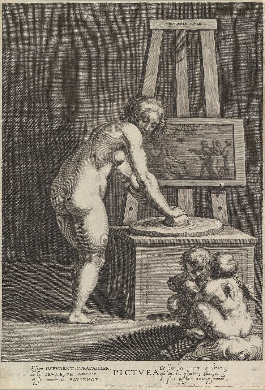Pictura: allegori over maleri, med en nøgen kvinde i midten, der maler pigmenter, to p..., ca. 1610-50. af Cornelis Galle I