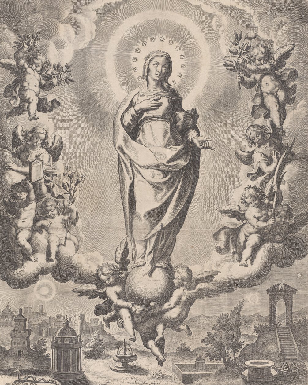 Jomfruen i herlighed, stående på skyer og omgivet af engle med symbolerne ..., 1595-1633. af Cornelis Galle I