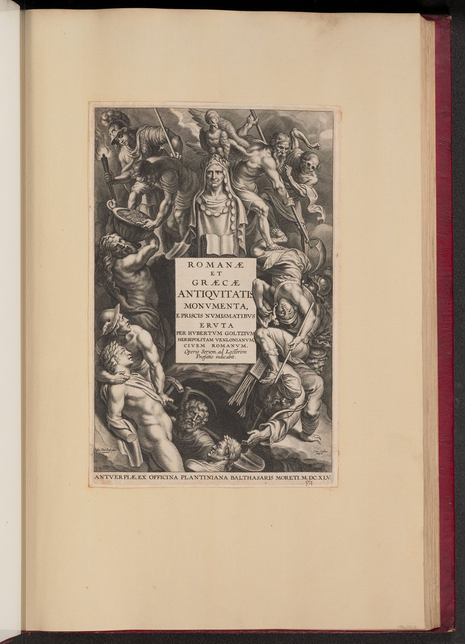 Titelside for Hubert Goltzius, monumenter fra den romerske og græske oldtid (Opera Omnia, I) af Cornelis Galle I after Sir Peter Paul Rubens