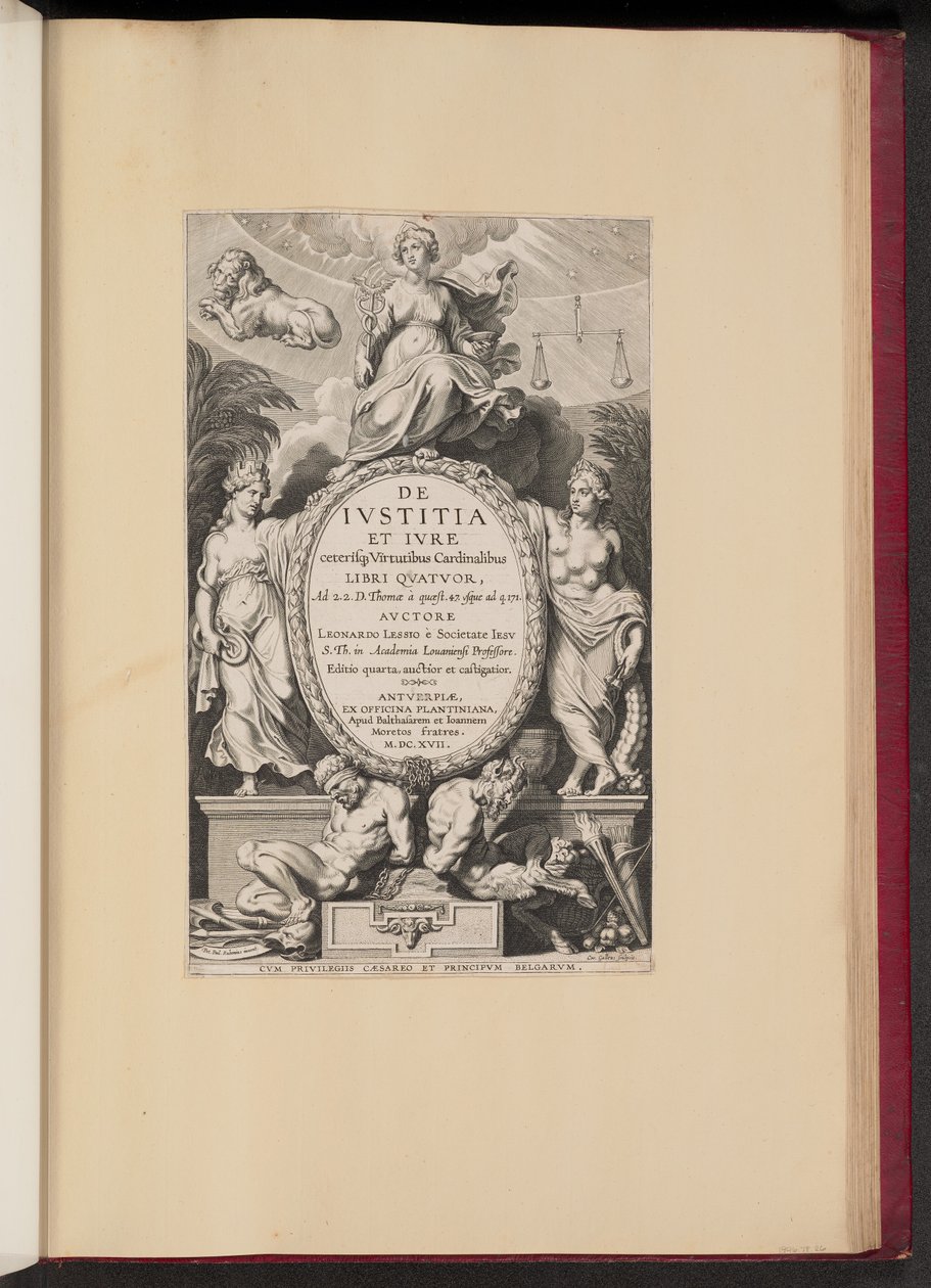 Titelside for Leonard Lessius, De Ivstitia et Ivre... af Cornelis Galle I after Sir Peter Paul Rubens