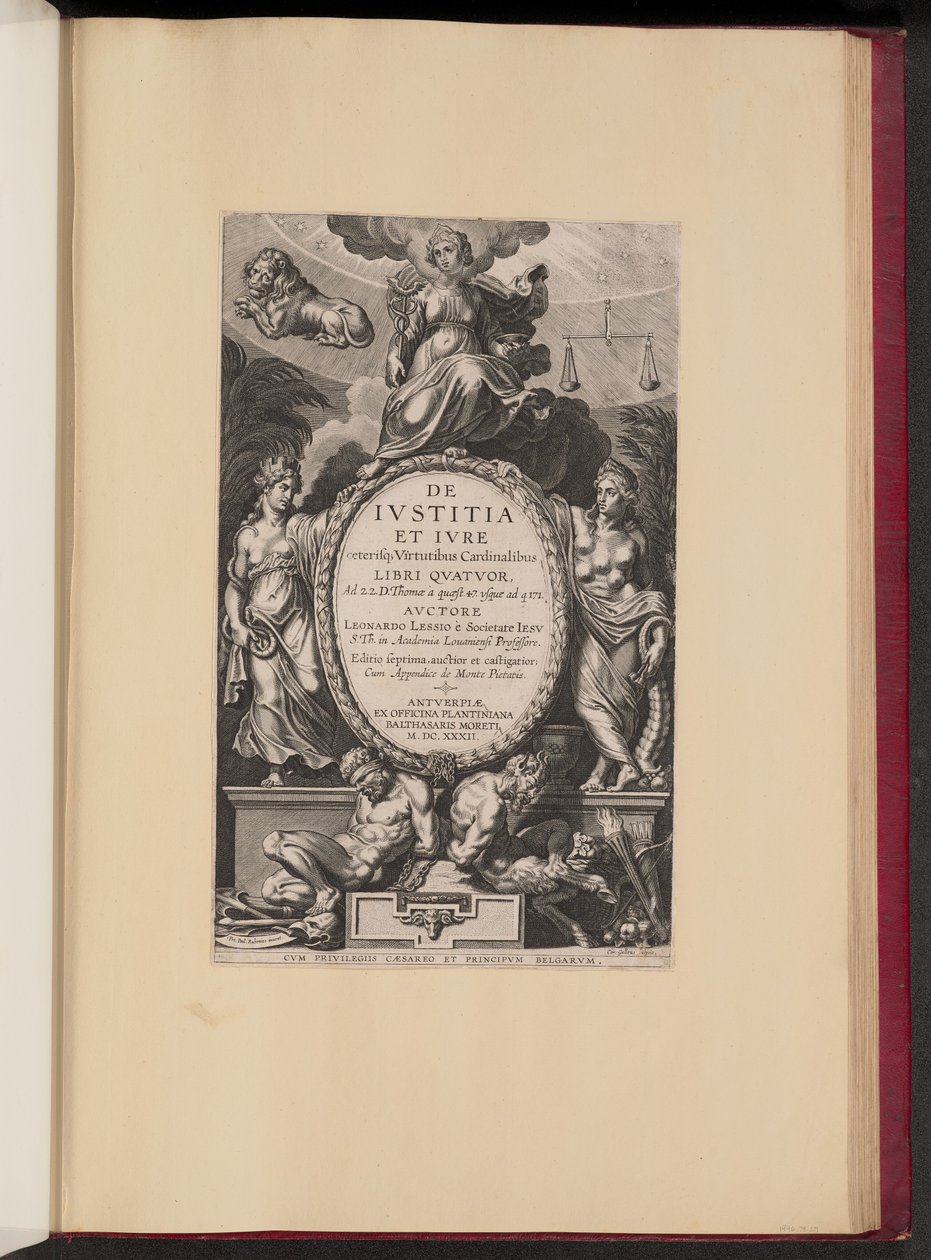 Titelside for Leonard Lessius, De Ivstitia et Ivre af Cornelis Galle I after Sir Peter Paul Rubens
