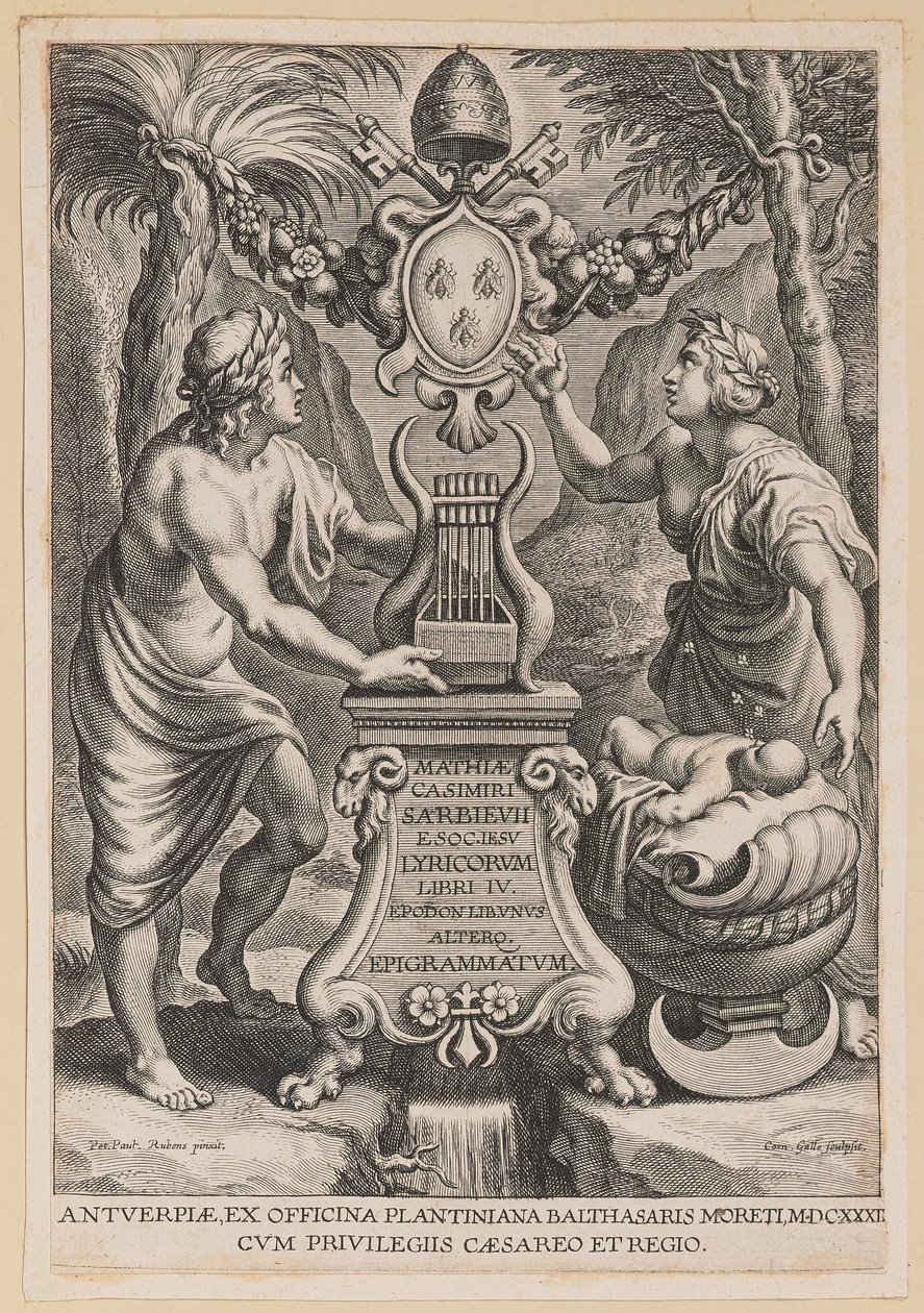 Titelside for M.C. Sarbievsky, Lyricum Bog IV af Cornelis Galle I after Sir Peter Paul Rubens