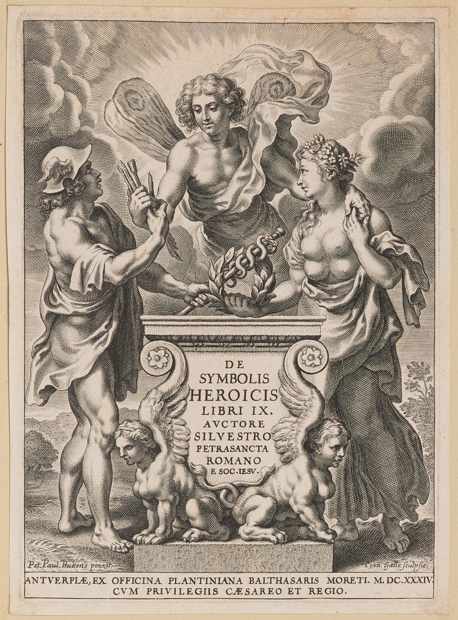 Titelside for Silvester Pietrasanta, om heltemodige symboler af Cornelis Galle I after Sir Peter Paul Rubens