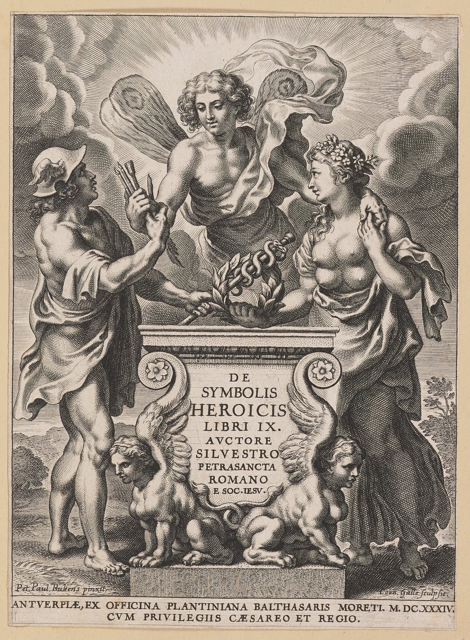 Titelside for Silvester Pietrasanta, om heltemodige symboler af Cornelis Galle I after Sir Peter Paul Rubens