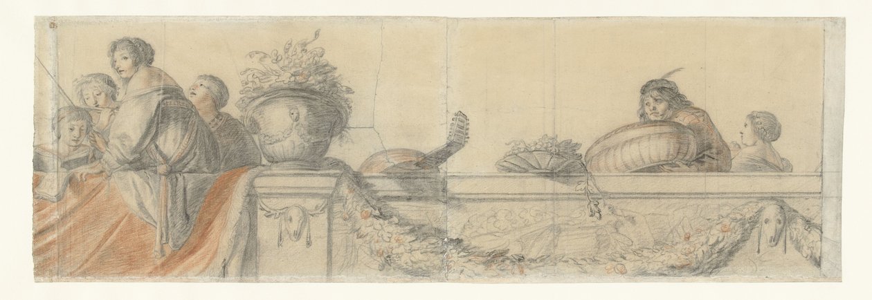 Folk på en balustrade med festoner Design til vægmalerier i Honselaersdijk Slot (serietitel) af Cornelis Holsteyn