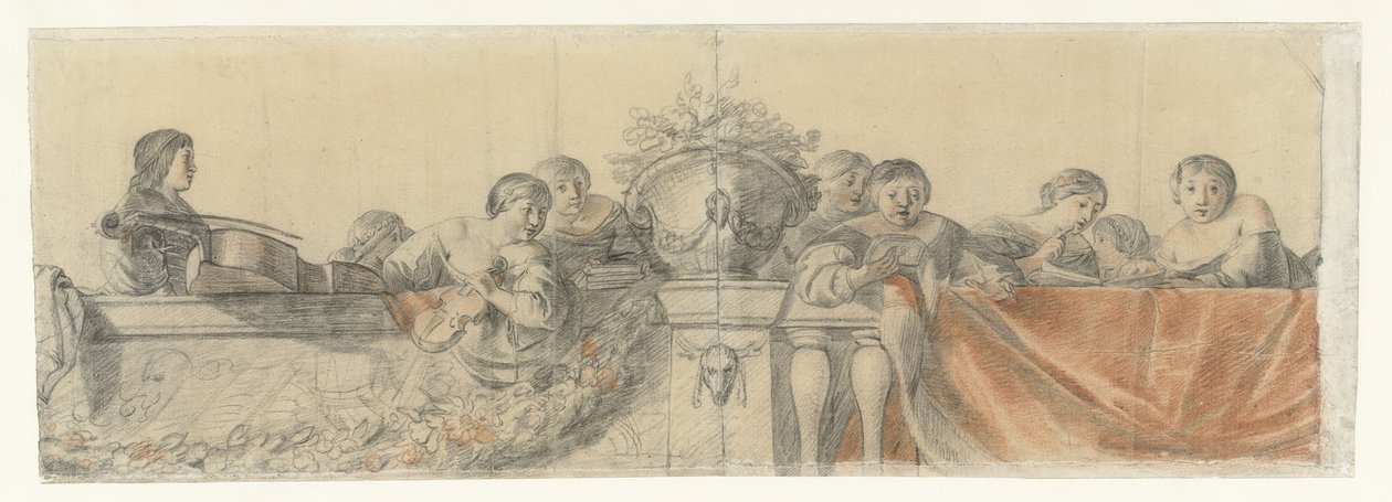 Folk på en balustrade med festoner Design til vægmalerier i Honselaersdijk Slot (serietitel) af Cornelis Holsteyn