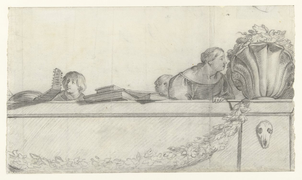 Folk på en balustrade med festoner Design til vægmalerier i Honselaersdijk Slot (serietitel) af Cornelis Holsteyn
