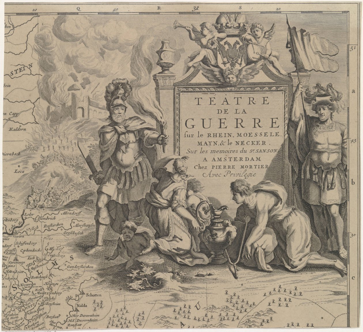 Kort over Solms-regionen mellem Marburg og Frankfurt am Main i Tyskland (øverst til venstre) Téâtre de la Guerre sur le Rhein, Moessele, Mayn & le Necker (titel på objektet) af Cornelis Huyberts