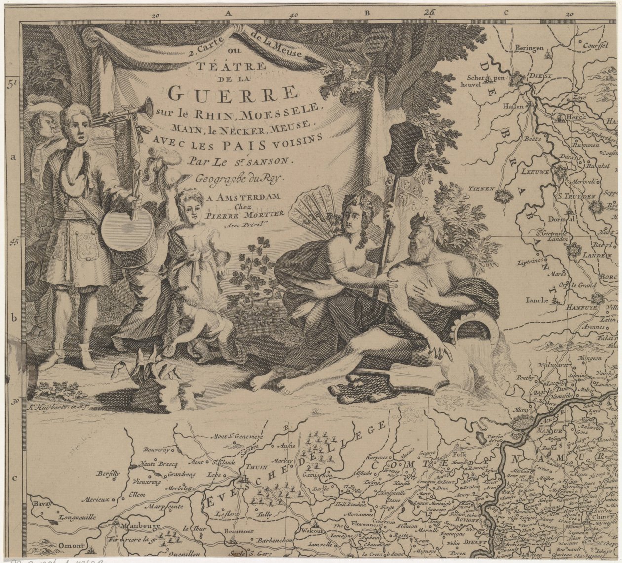 Kort over regionen øst og syd for Bruxelles og amtet Namur (blad øverst til venstre) Carte de la Meuse eller Téâtre de la Guerre sur le Rhein, Moessele, Mayn, le Necker, Meuse avec les pais voisins (titel på objektet) af Cornelis Huyberts