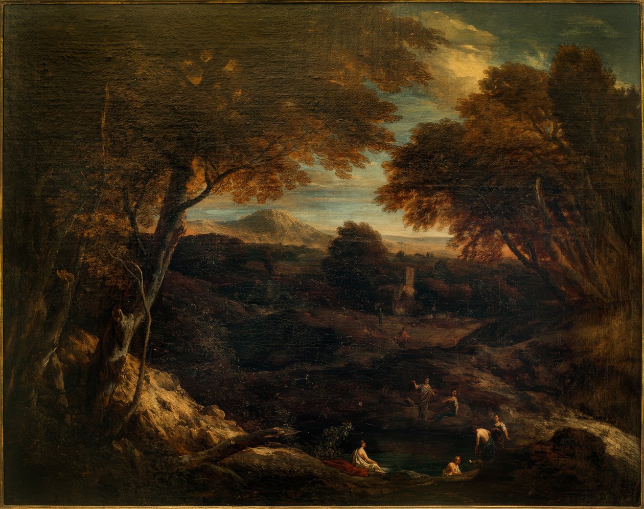 Bredt klassisk landskab med badefigurer i forgrunden af Cornelis Huysmans