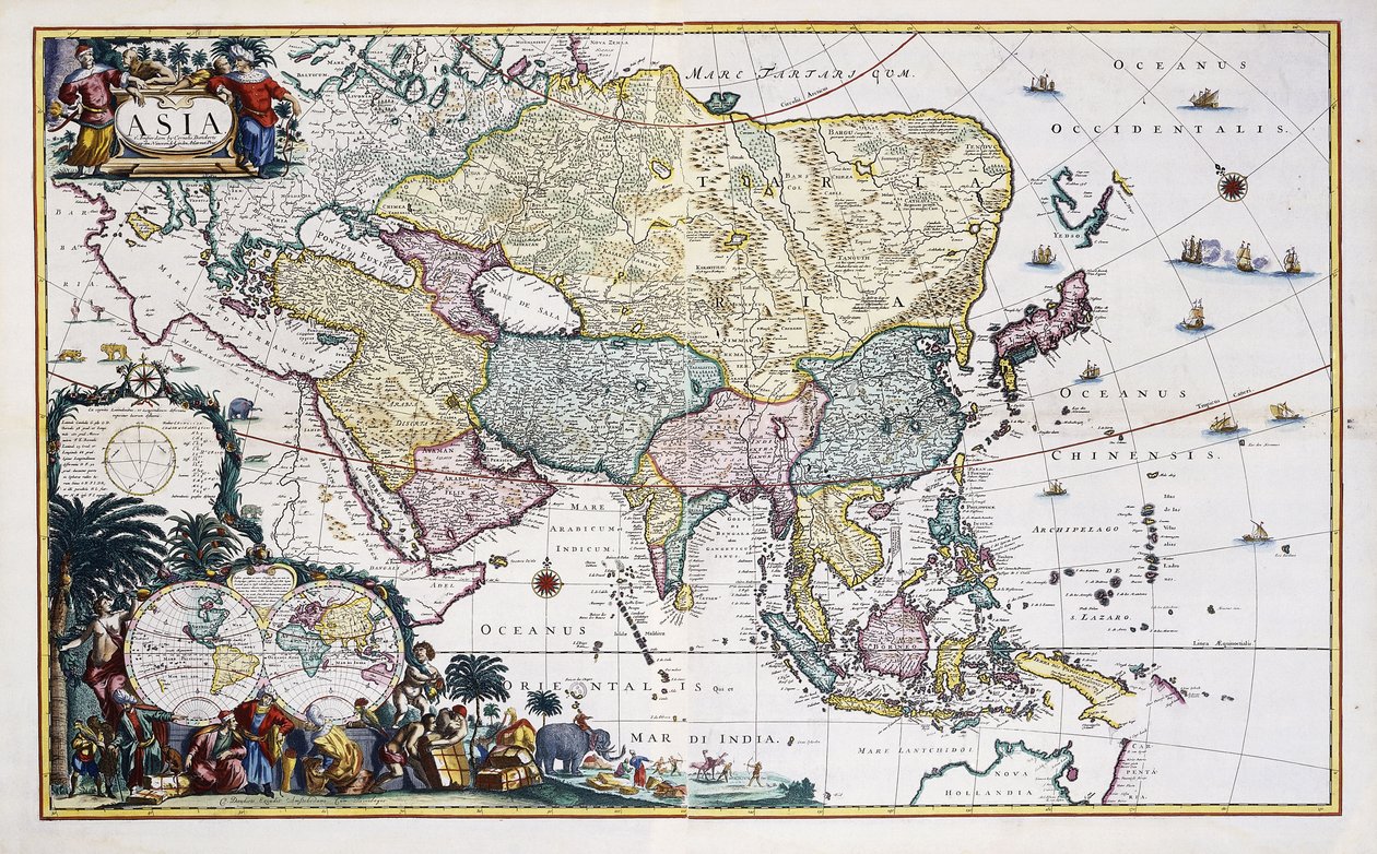 Kort over Asien, ca. 1696 (håndfarvet gravering) af Cornelis III Danckerts