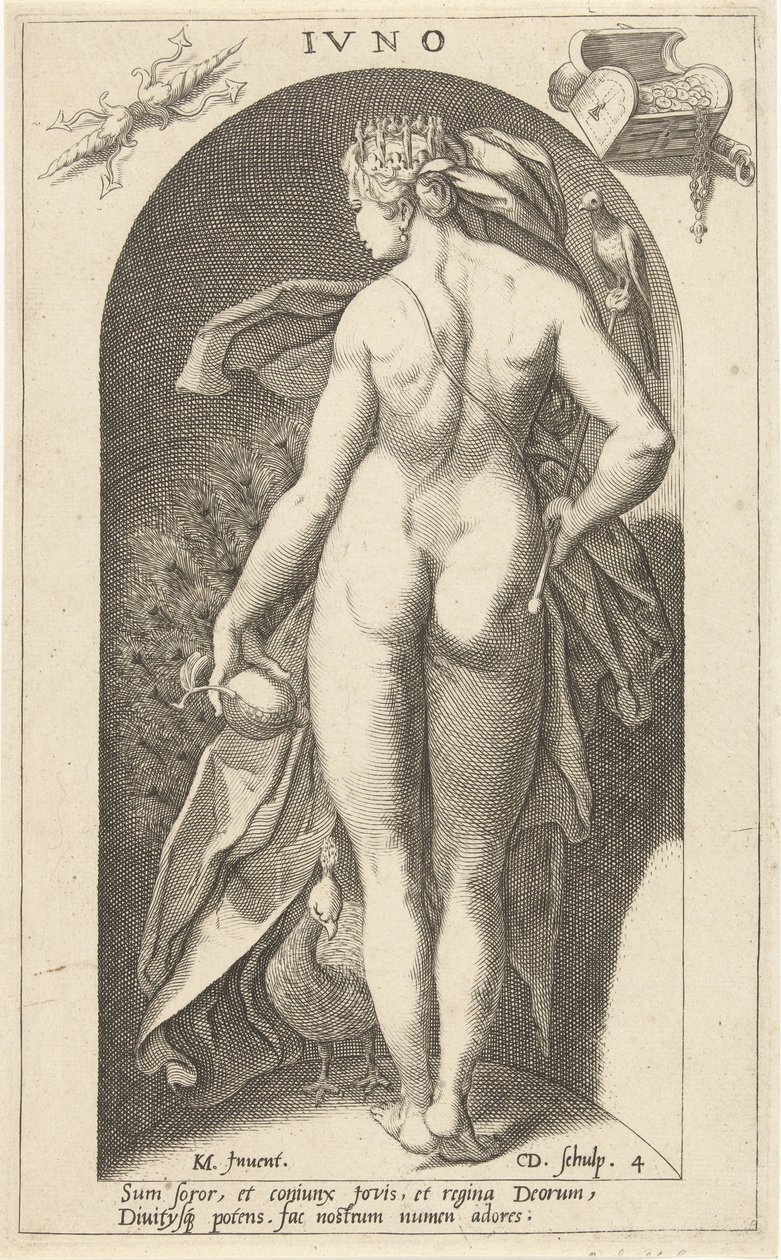 Juno med påfugl Ivno (titel på objekt) Ancient Gods (serietitel) af Cornelis Jacobsz. Drebbel