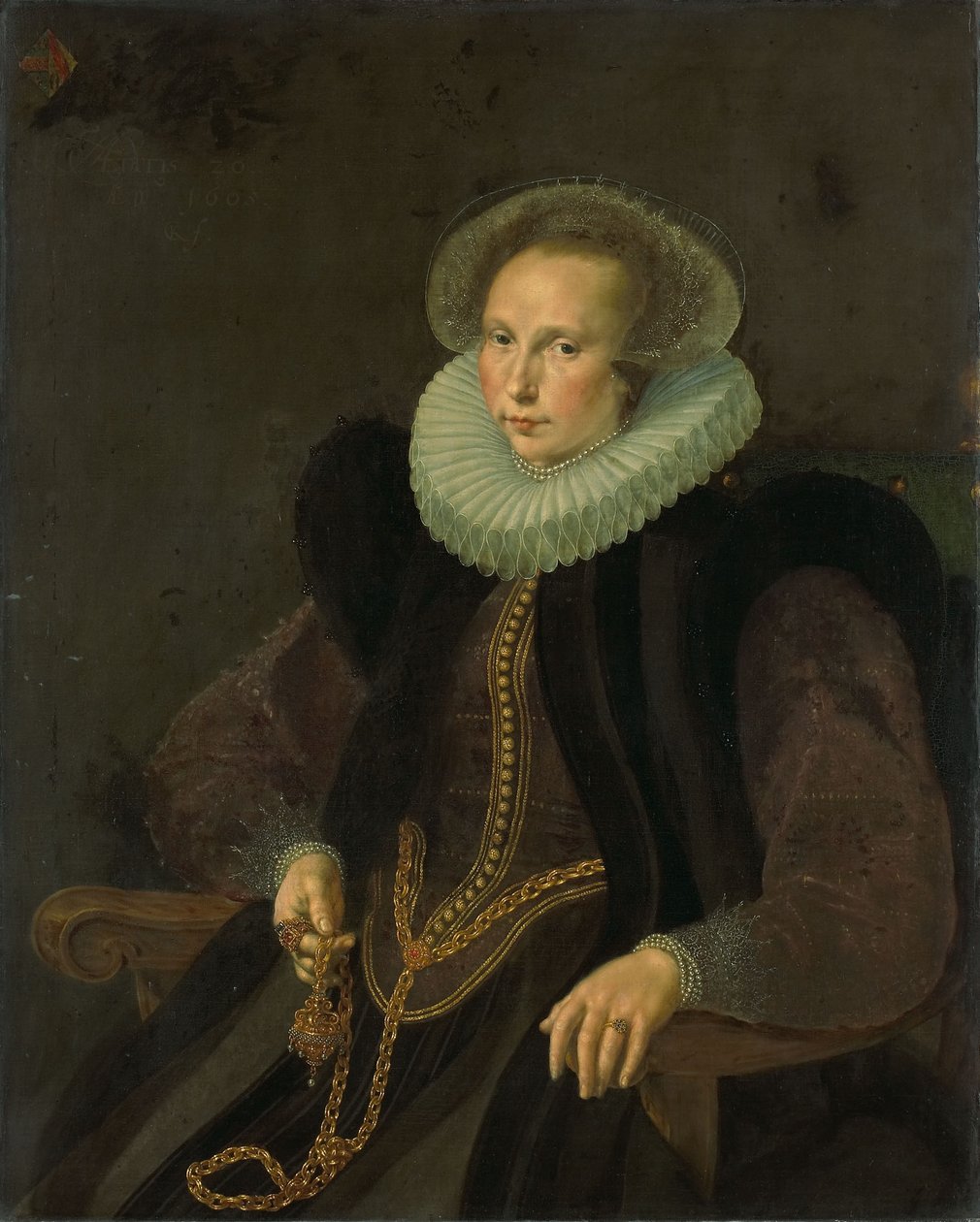 Hollandsk: Griete Jacobsdr van Rhijn (1585-1652). Hustru til Jacob Cornelisz Banjaert, kaldet van Neck Portræt af Griete Jacobsdr van Rhijn (1585-1652). Hustru til Jacob Cornelisz Banjaert, kaldet van Neck af Cornelis Ketel