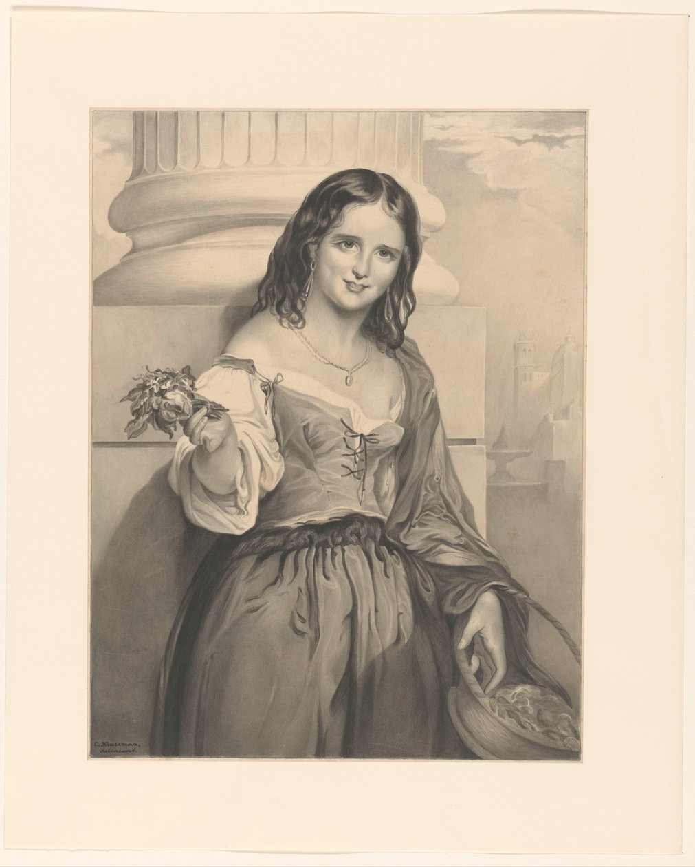 Blomstersælger, stående foran en søjle af Cornelis Kruseman