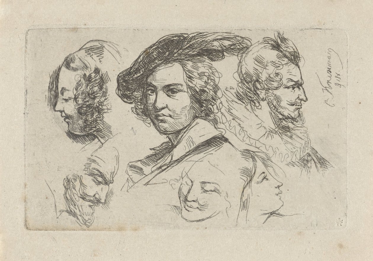 Studieark med seks hoveder af Cornelis Kruseman